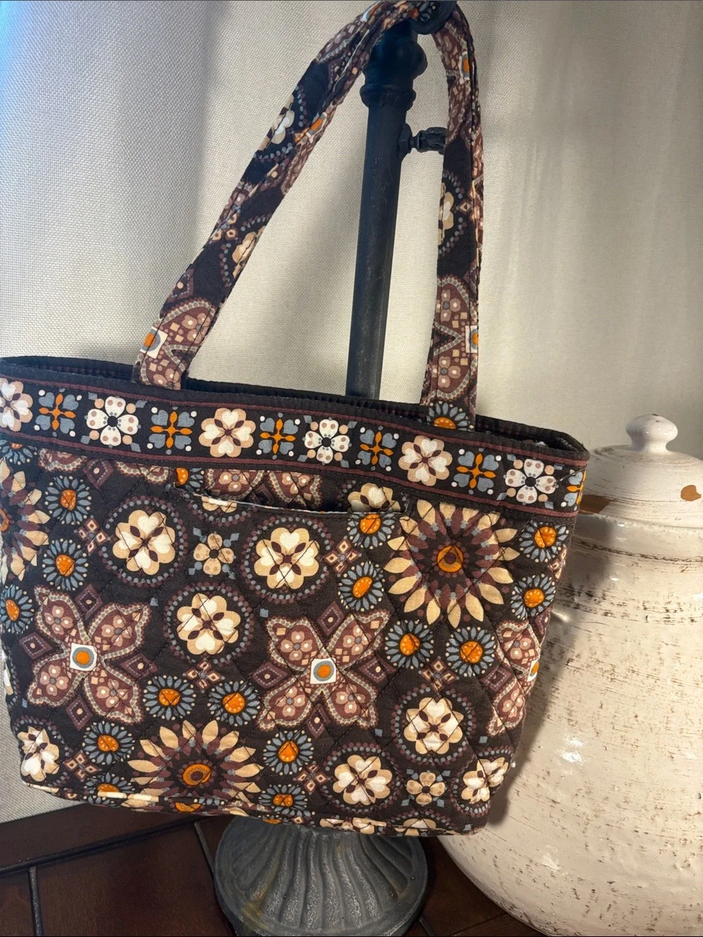 Vera Bradley Brown Floral Quilted Tote and Cosmetic Bag Set